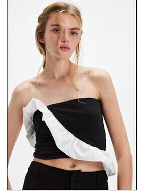 Free People Jagger Knit Tube Top Strapless Black White Ruffle Sz M $68msrp